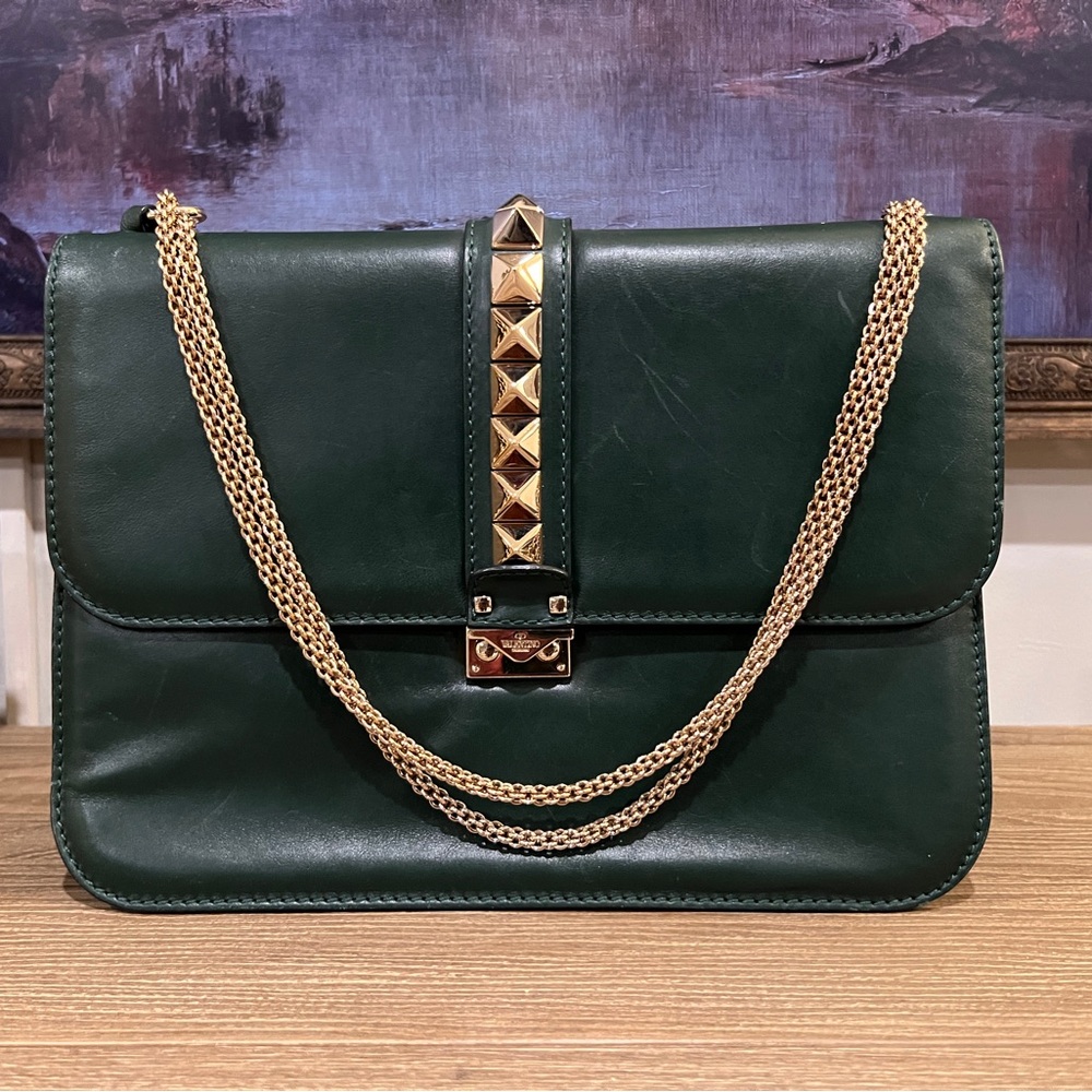Valentino Garavani rockstud Green Leather Bag with Gold Chain